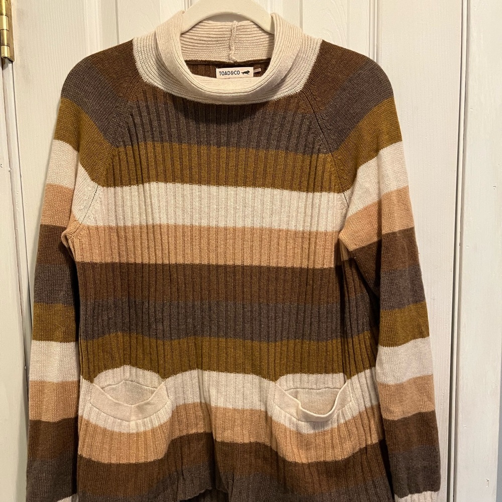 Toad And Co Striped Turtleneck Pocket Sweater Wool Blend Size Small Runs Large